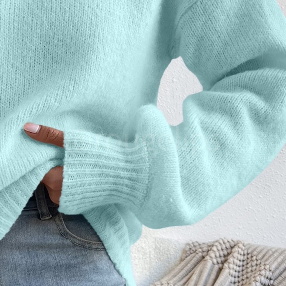 Mint Blue Soft Sweater Pullover Long Sleeve Drop Shoulder - Picture 7 of 9
